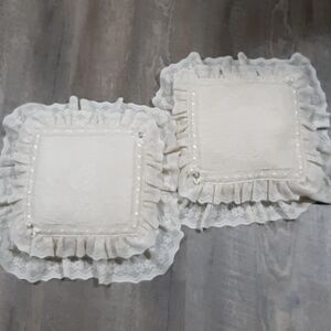 Two Vintage Ivory Lace & Ribbon Square Throw Pillows 17" x 17" Handmade Farmhous